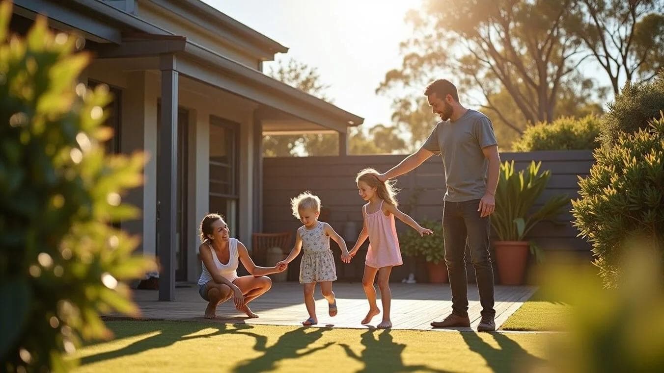 A family playing together in the backyard at golden hour.