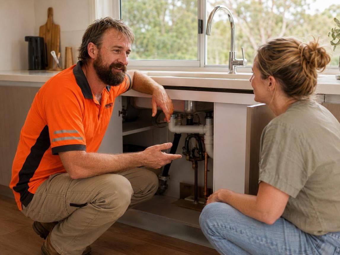 A plumber crouching at a kitchen sink, talking a customer through the job.